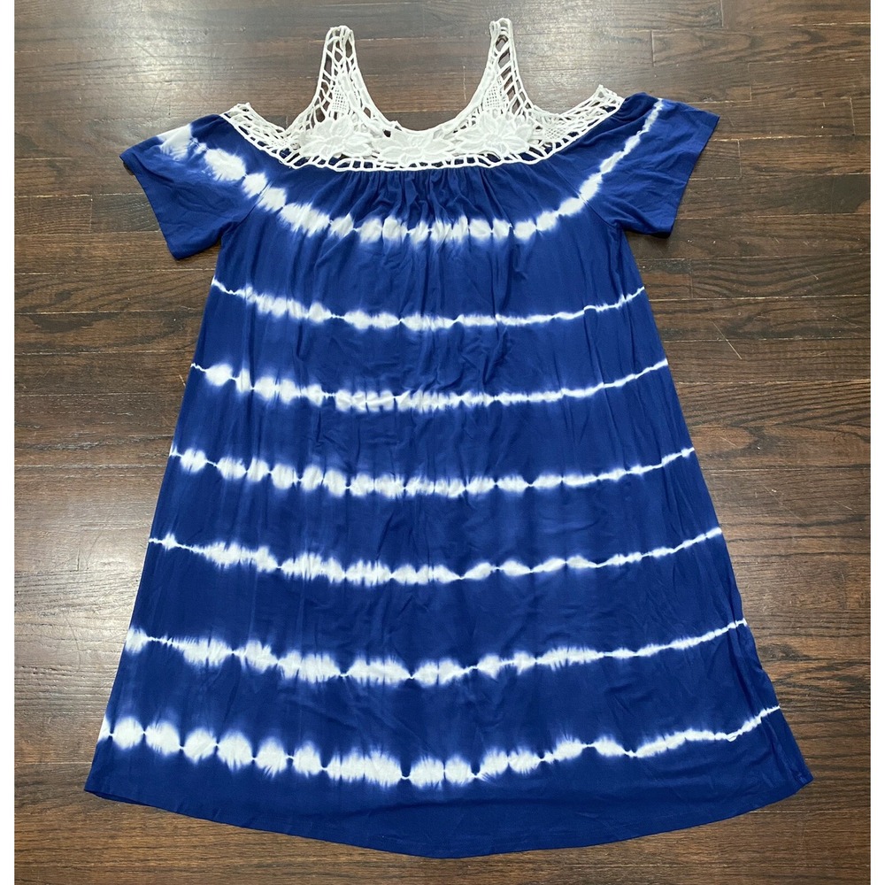 Glamour Sundress Women Size L Blue White Tie-Dyed Crochet Lace Cold Shoulder